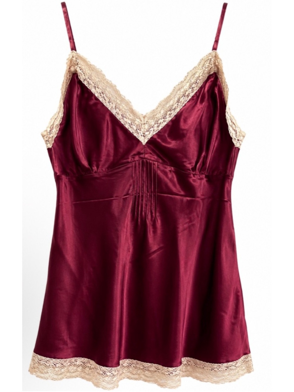 NWT Gold Hawk L Burgundy Silk Chemise with Beige Lace Trim